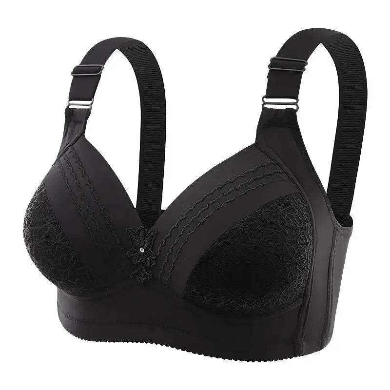 Black lace cup bra with wide adjustable straps and a center bow