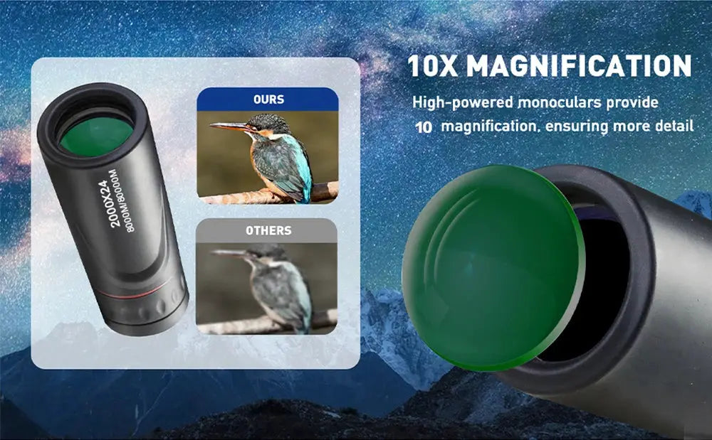 Monocular telescope by Simples Market; black body with green lens cap, 10x magnification