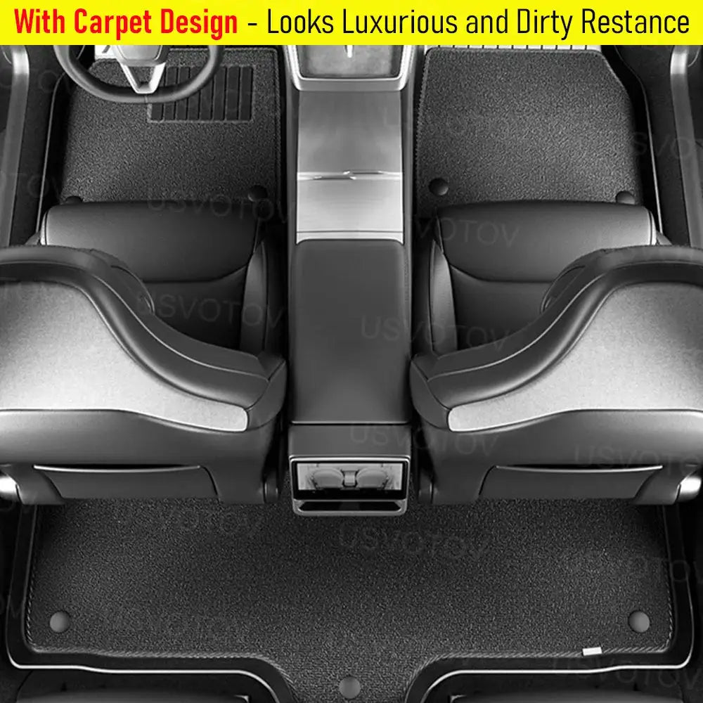 Simples Market USVOTOV all-weather floor mats for 2026 Tesla Model Y, black carpet-design cargo liner