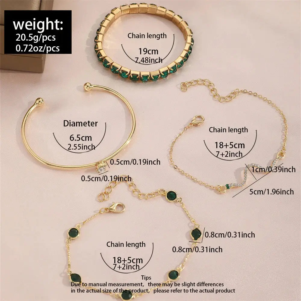 Set Of Four Snake Pattern Gemstone Bangles With Rhinestones Full Metal Bracelets For Women Birthday Party Gift