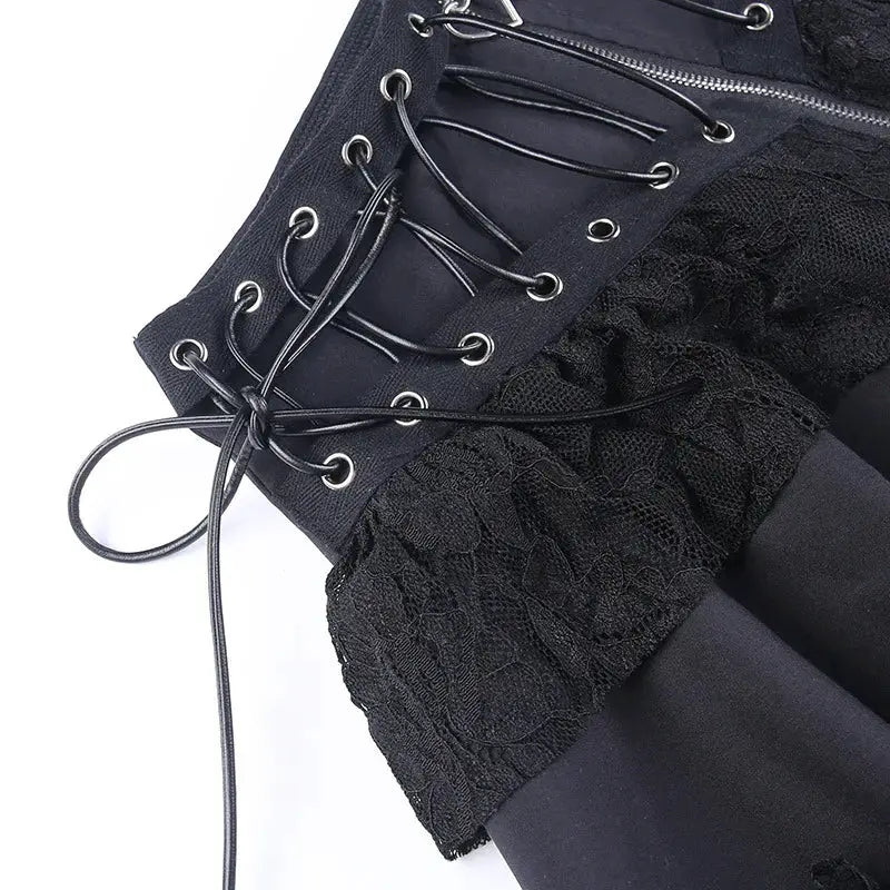 Gothic skater punk black high-waist skirt with lace-up corset waist and front zipper by Simples Market