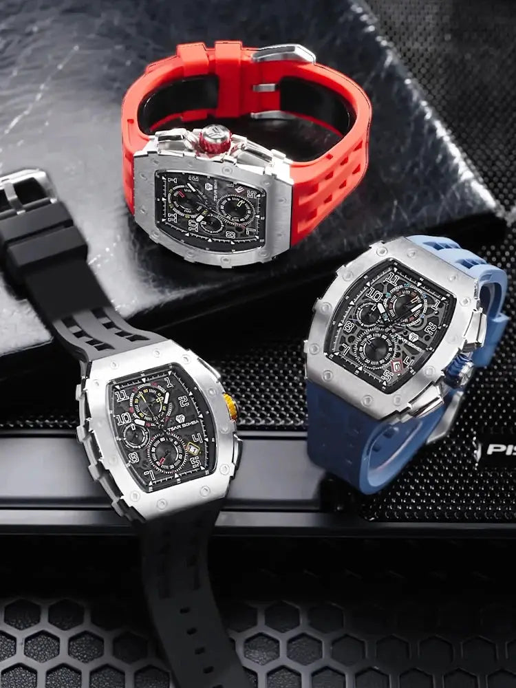 TSAR BOMBA men's luxury watches set, three tonneau stainless steel chronographs with red, black, and blue straps
