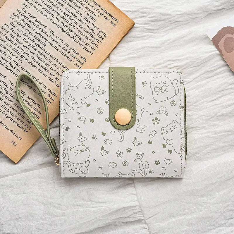Japanese Cute Cat Girls Wallet by Simples Market, white with cat print and olive-green strap with zipper pocket
