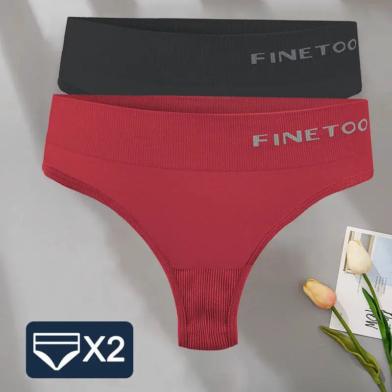 FINETOO two-piece women's high-waist G-string thong underwear set in black and red, sizes M-2XL