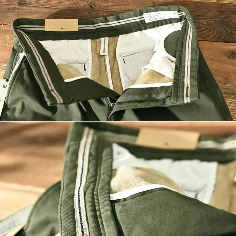 HIQOR men's fleece-lined winter cargo pants in army green khaki, loose safari style, 28–38, Simples Market