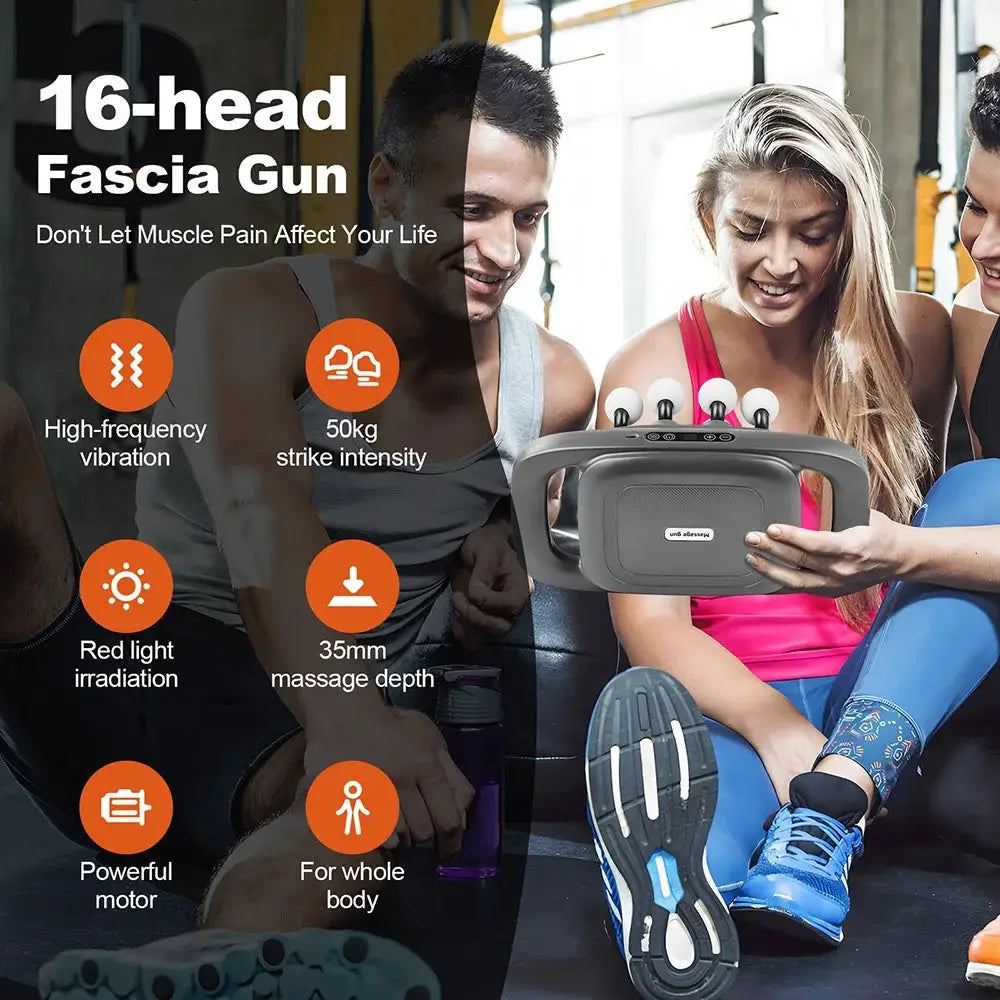Simples Market 16-head fascia gun massage device with 50kg intensity and red light for full body.