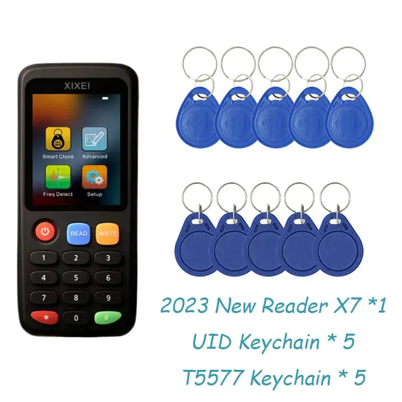 X7 RFID smart card reader with ten blue key fobs (5 UID, 5 T5577)