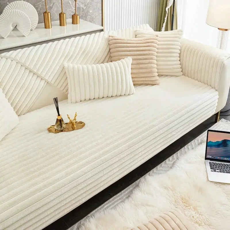Ivory plush stripe faux rabbit fur sofa cover with non-slip backing for winter living room