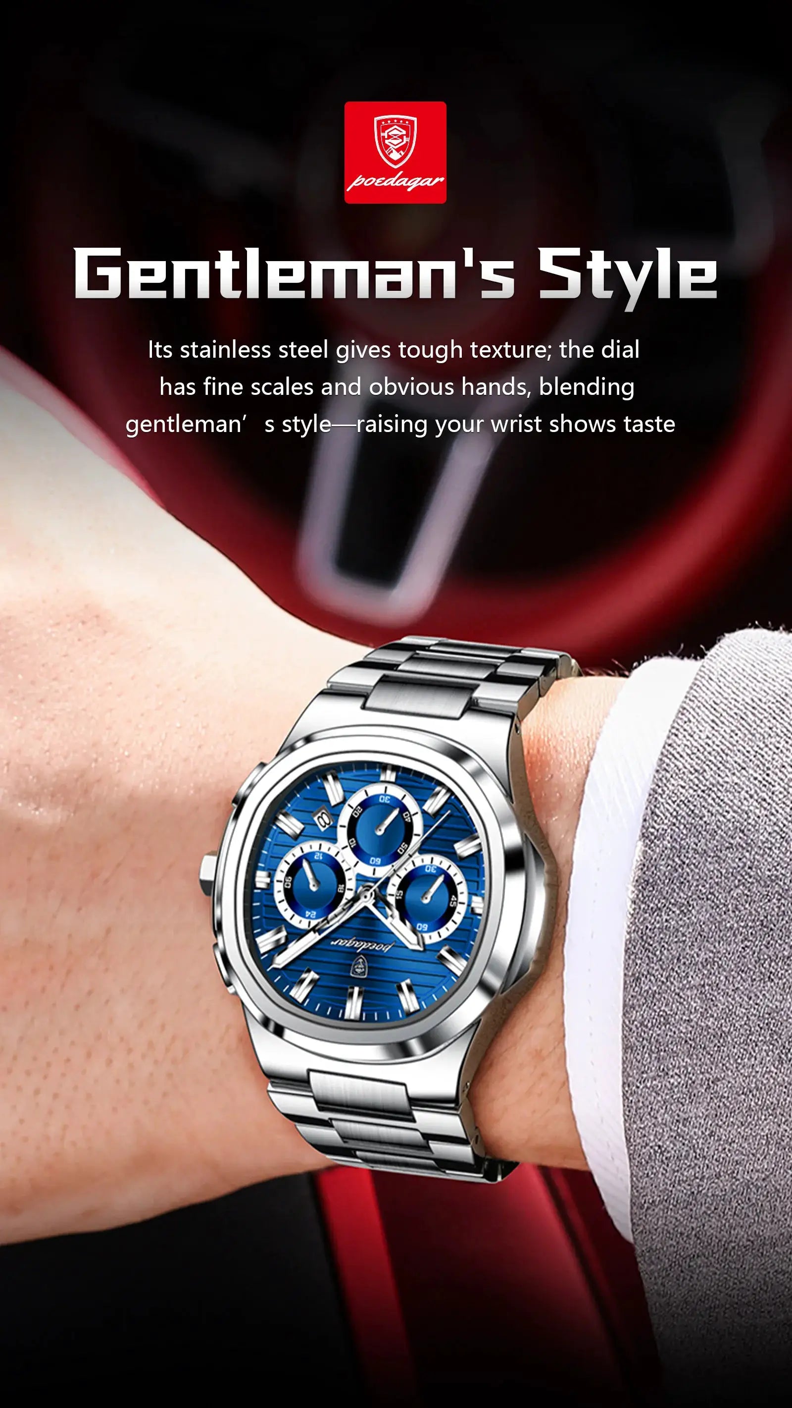 POEDAGAR men's stainless steel chronograph wristwatch with blue dial and date display