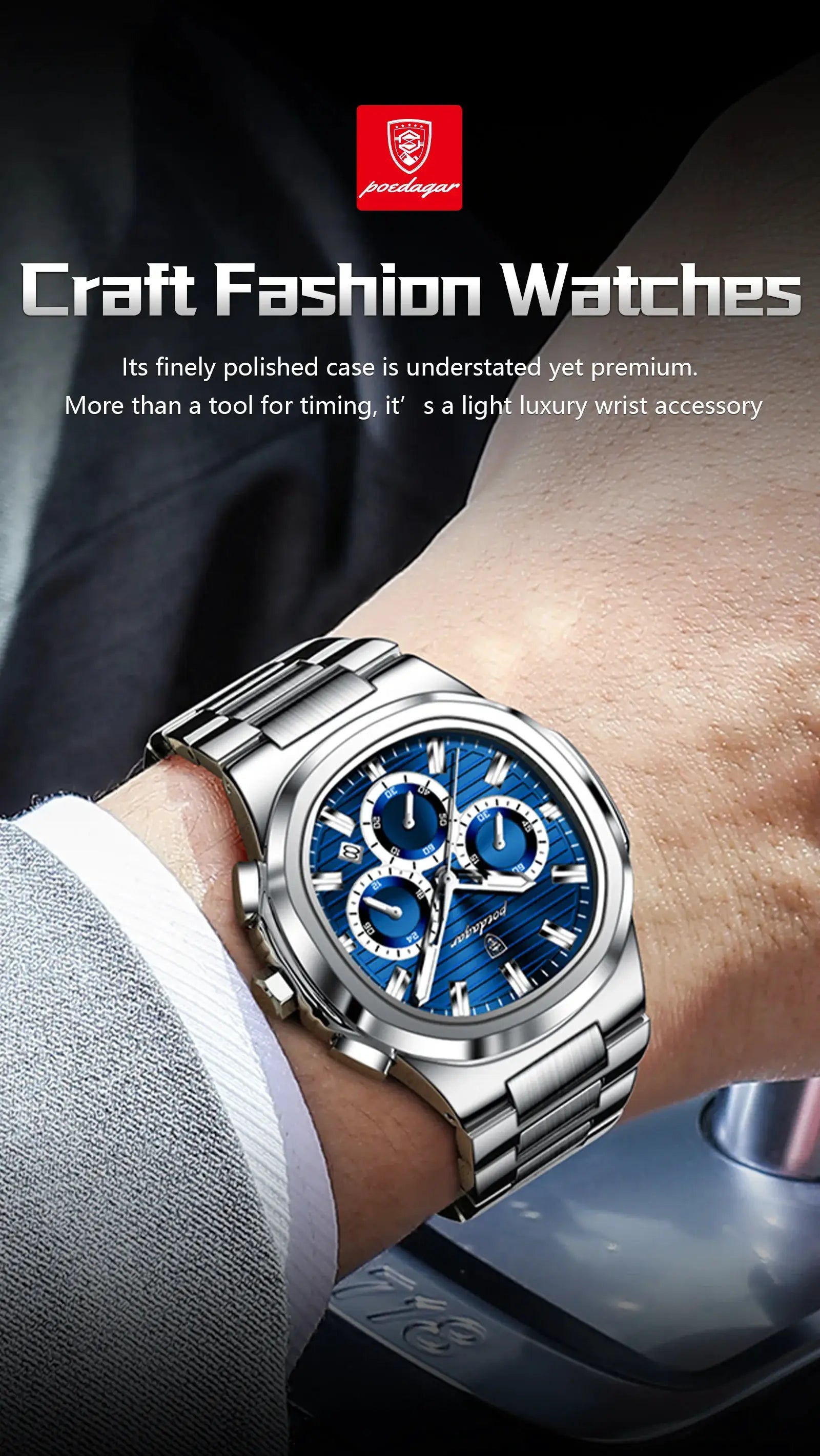 POEDAGAR men's stainless steel chronograph wristwatch with blue dial, date, luminous hands, waterproof
