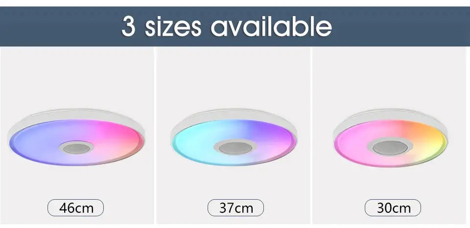 Round LED smart ceiling lamp with RGB multicolor lighting; three sizes shown: 46cm, 37cm, 30cm