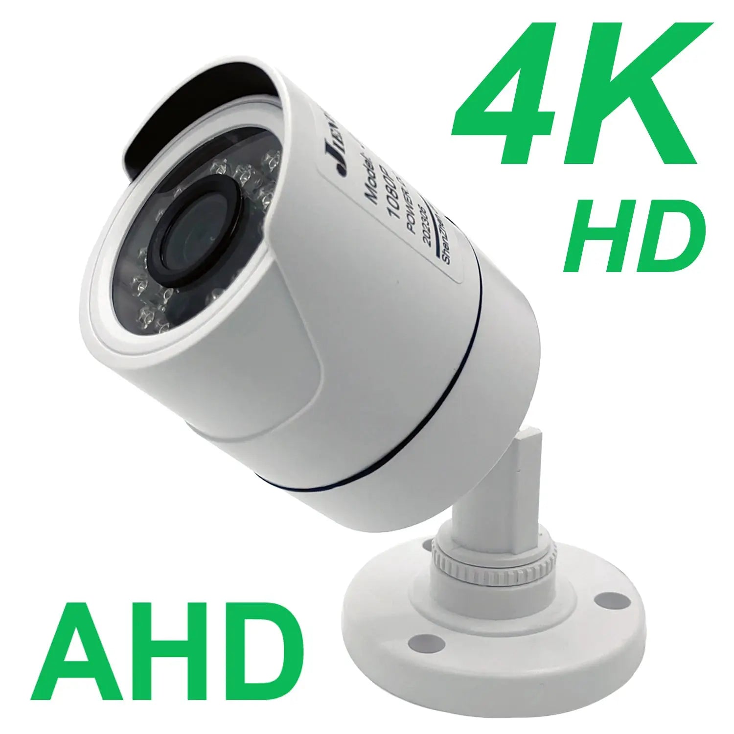 JIENUO 4K AHD CCTV security camera on a white mounting bracket with infrared night vision