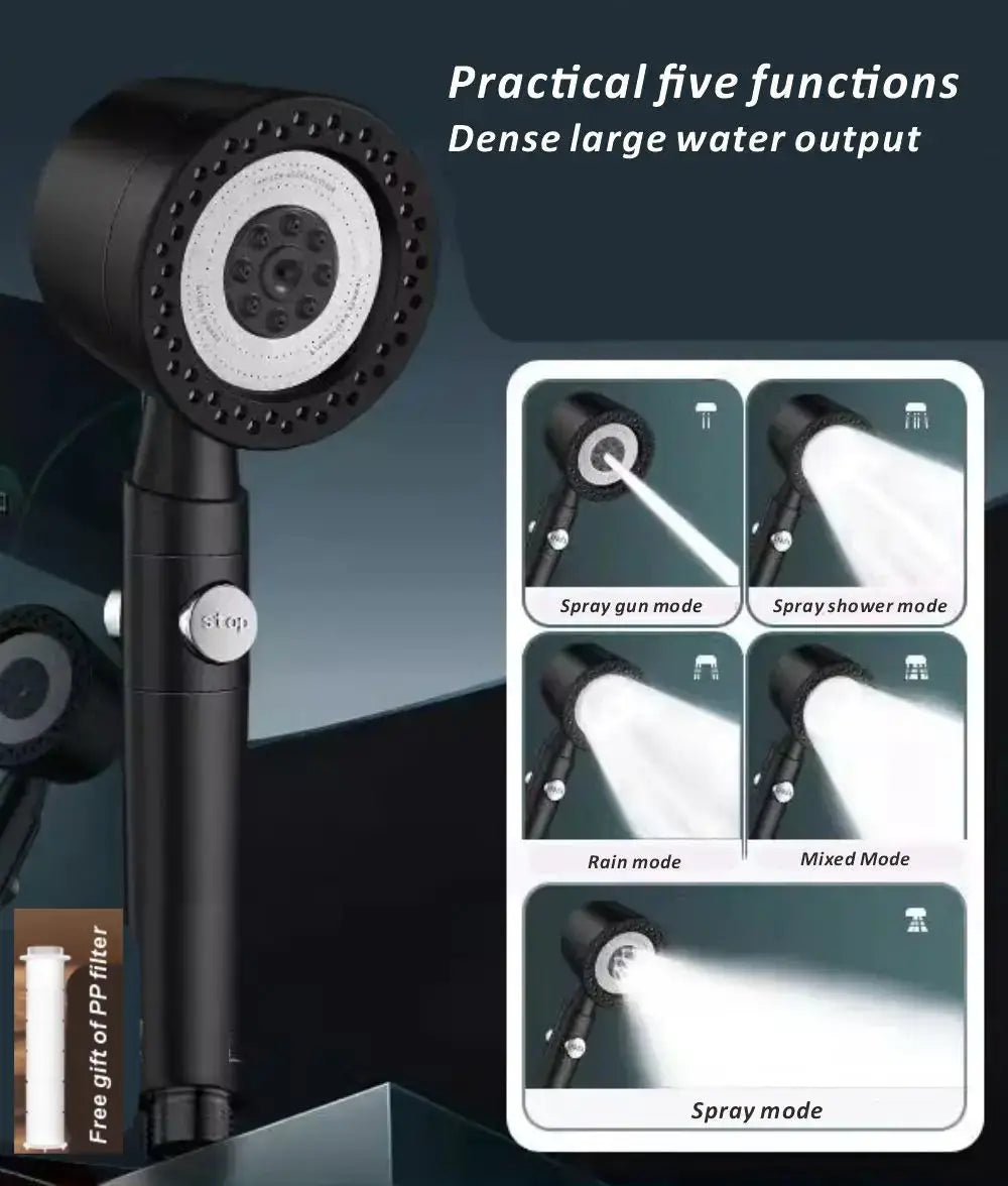 Shower head Simples Market, black 5‑mode pressurized unit with built-in filter, stop button, water-saving nozzles