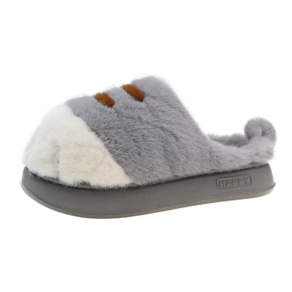 3D Cat Paw Plush Slippers, grey with white accents, fluffy slip-ons with anti-slip sole