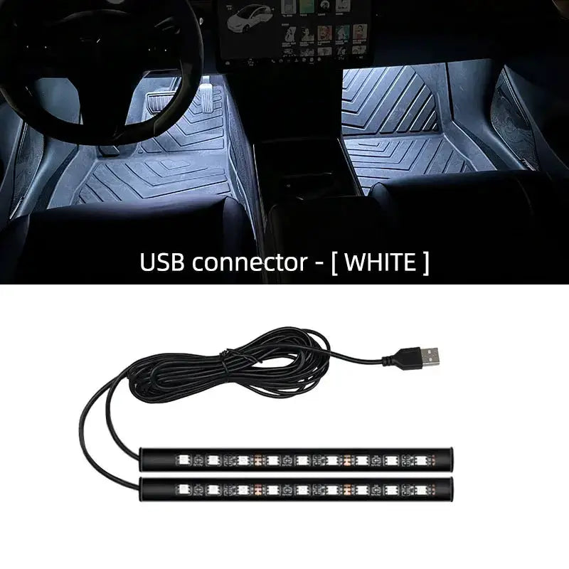 Simples Market 2-in-1 LED car neon foot lights, USB interior ambient lamps, white, set of 2 bars.