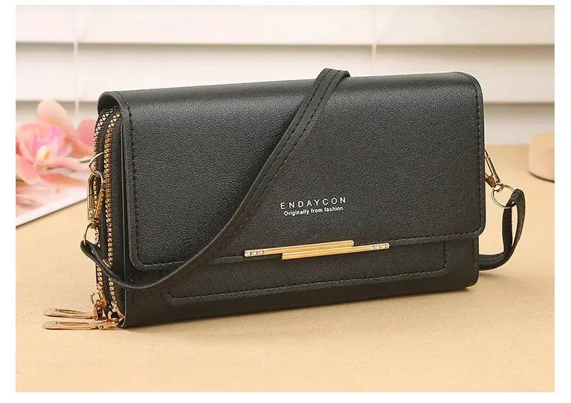 Women's black mid-size wallet bag with crossbody strap, gold hardware and ENDAYCON logo