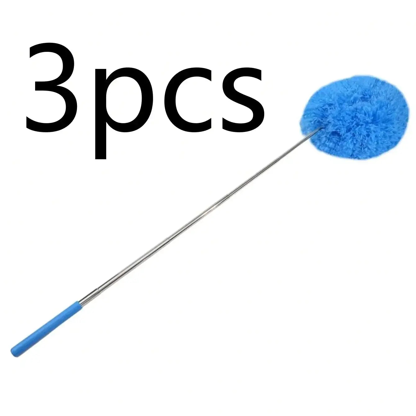 3pcs blue microfiber ceiling fan dusters with a long extendable metal rod and blue handle