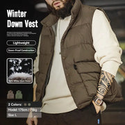 Maden men's autumn/winter down vest in olive brown with 90% white duck down filling and double-side pockets