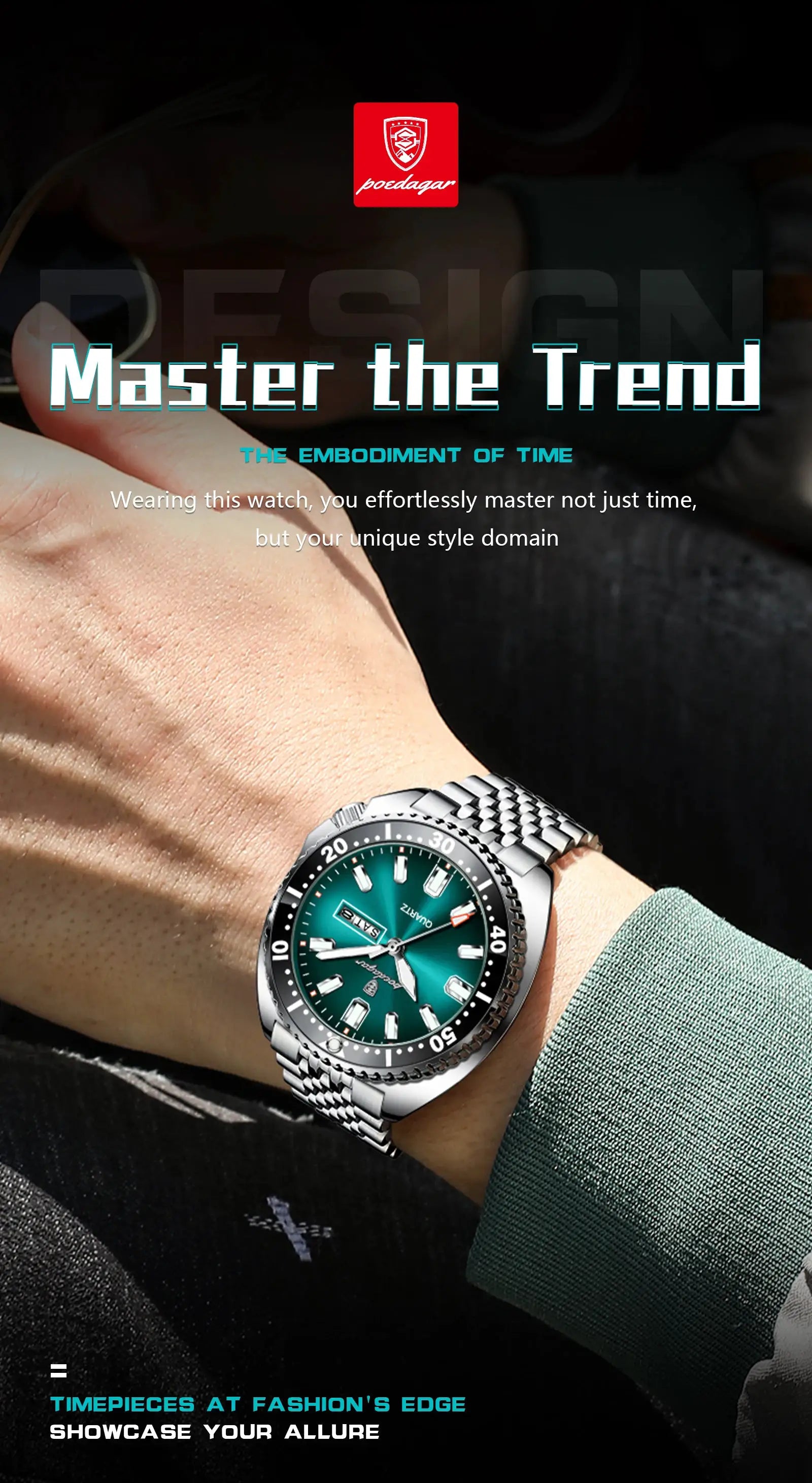 POEDAGAR luxury men's stainless steel wristwatch with teal dial and rotating bezel; POEDAGAR logo visible