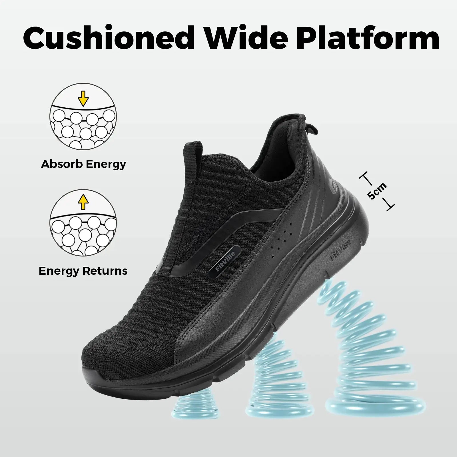 Fitville wide men's sneaker, black, lightweight breathable walking shoe by Simples Market