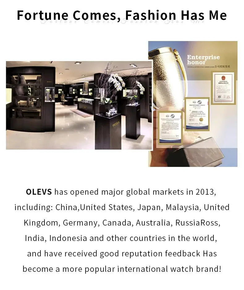 OLEVS wooden quartz men's wristwatch collage: storefront display and awards, Simples Market branding