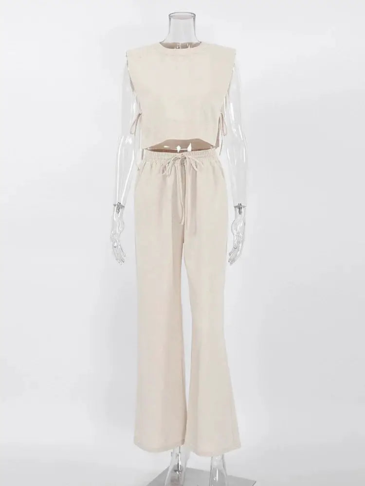 Linen Two Piece Pant Set With Crop Top For Women Spring Summer 2025