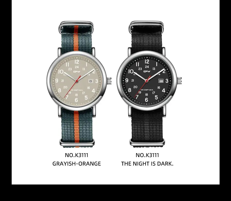 Two Simples Market TPW field watches with fabric straps; grayish-beige dial on teal/orange strap, black dial on black strap.