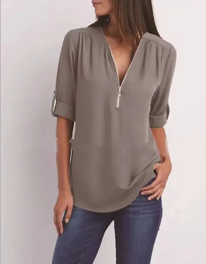 Chiffon blouse by Simples Market in taupe with deep V-neck zipper, loose fit, rolled sleeves