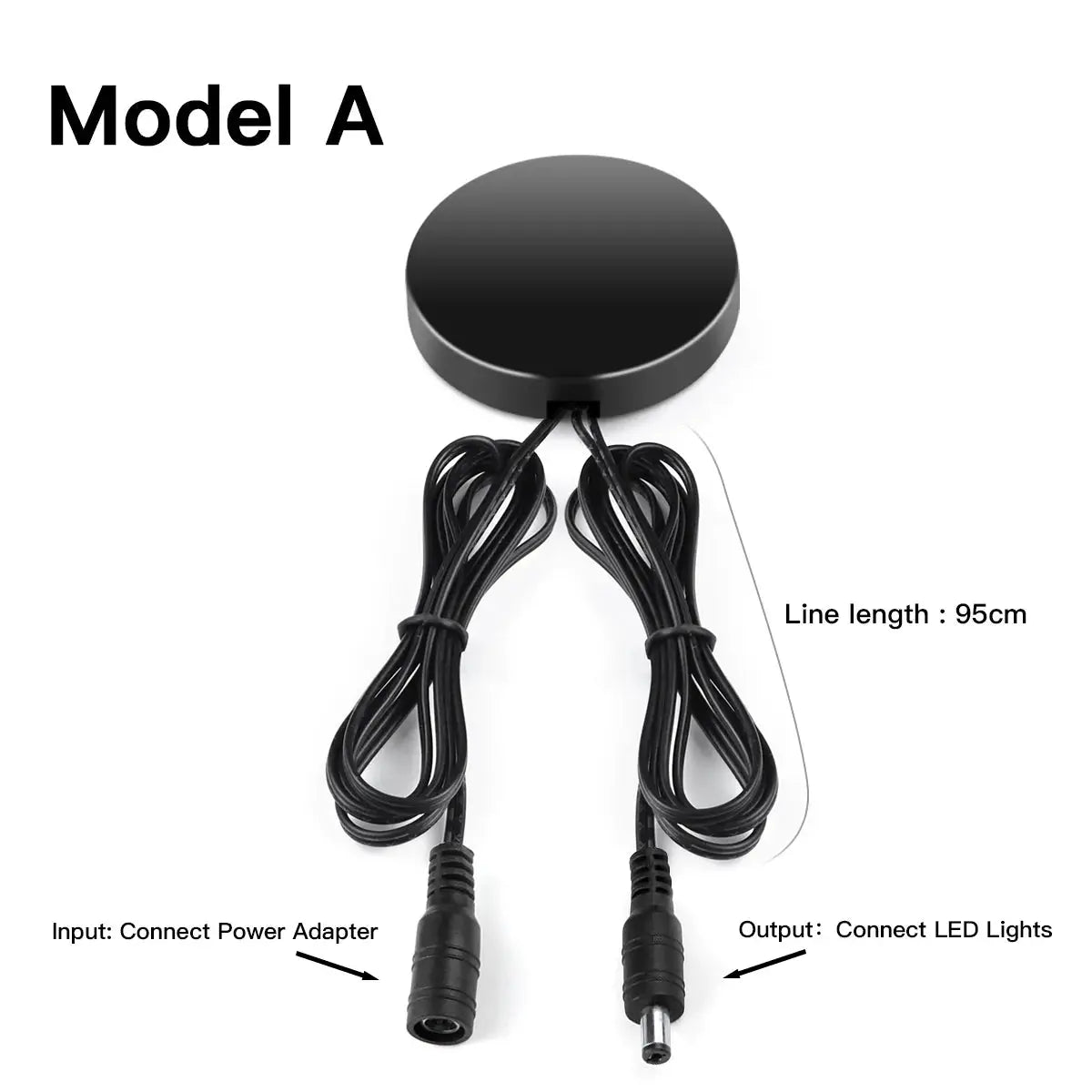 Round black touch dimmer switch with dual cables for LED lights; input power and output connectors shown.