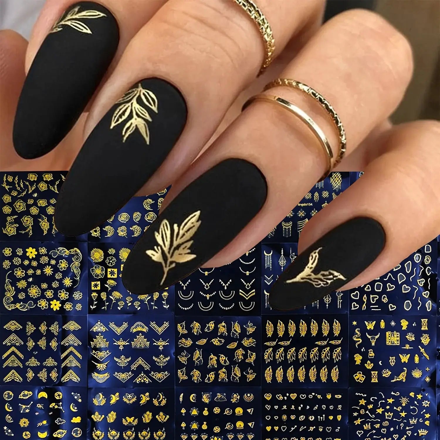 30 sheets golden floral nail art stickers for DIY manicure by Simples Market; leaf and flower designs