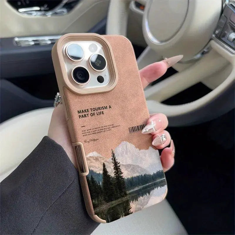 iPhone case Simples Market with mountain lake scenery motif in rose-gold faux leather