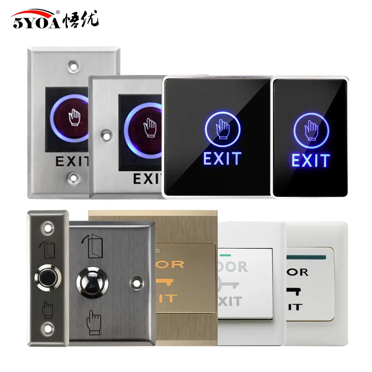 Access button door exit push switch set with no-touch release; metal and glass exit panels