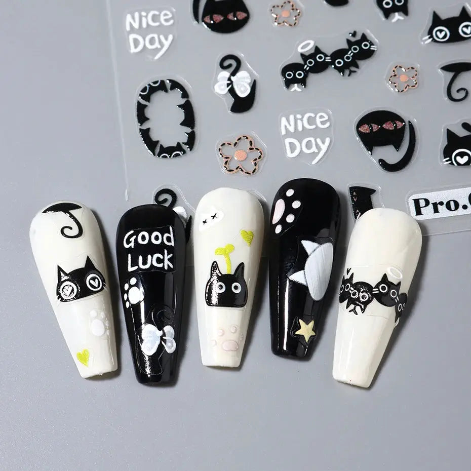 2pc black cat nail stickers by Simples Market; 3D self-adhesive cartoon nail decals