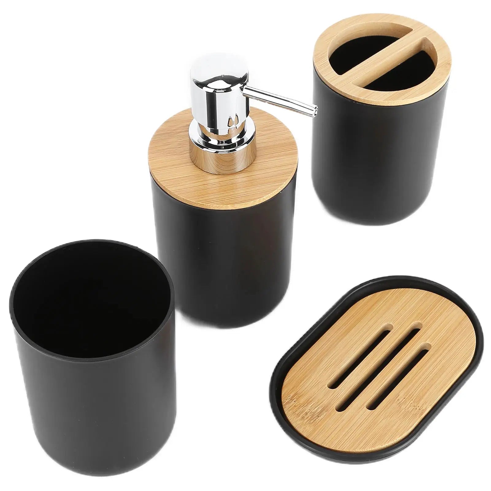 4-piece bamboo bathroom set: black cylinders with bamboo lids, chrome pump dispenser, toothbrush holder tray.