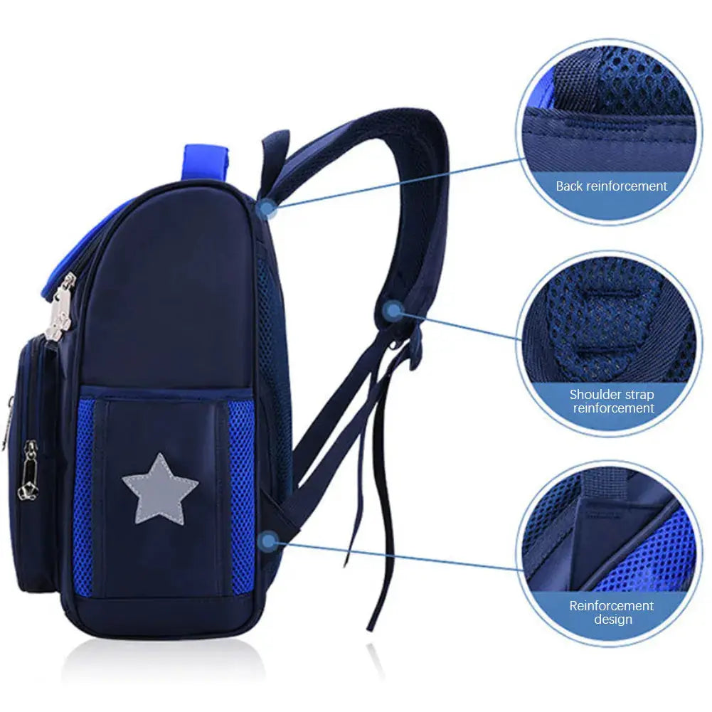 Blue kids' school backpack with star patch, mesh side pockets and reinforced back and straps.