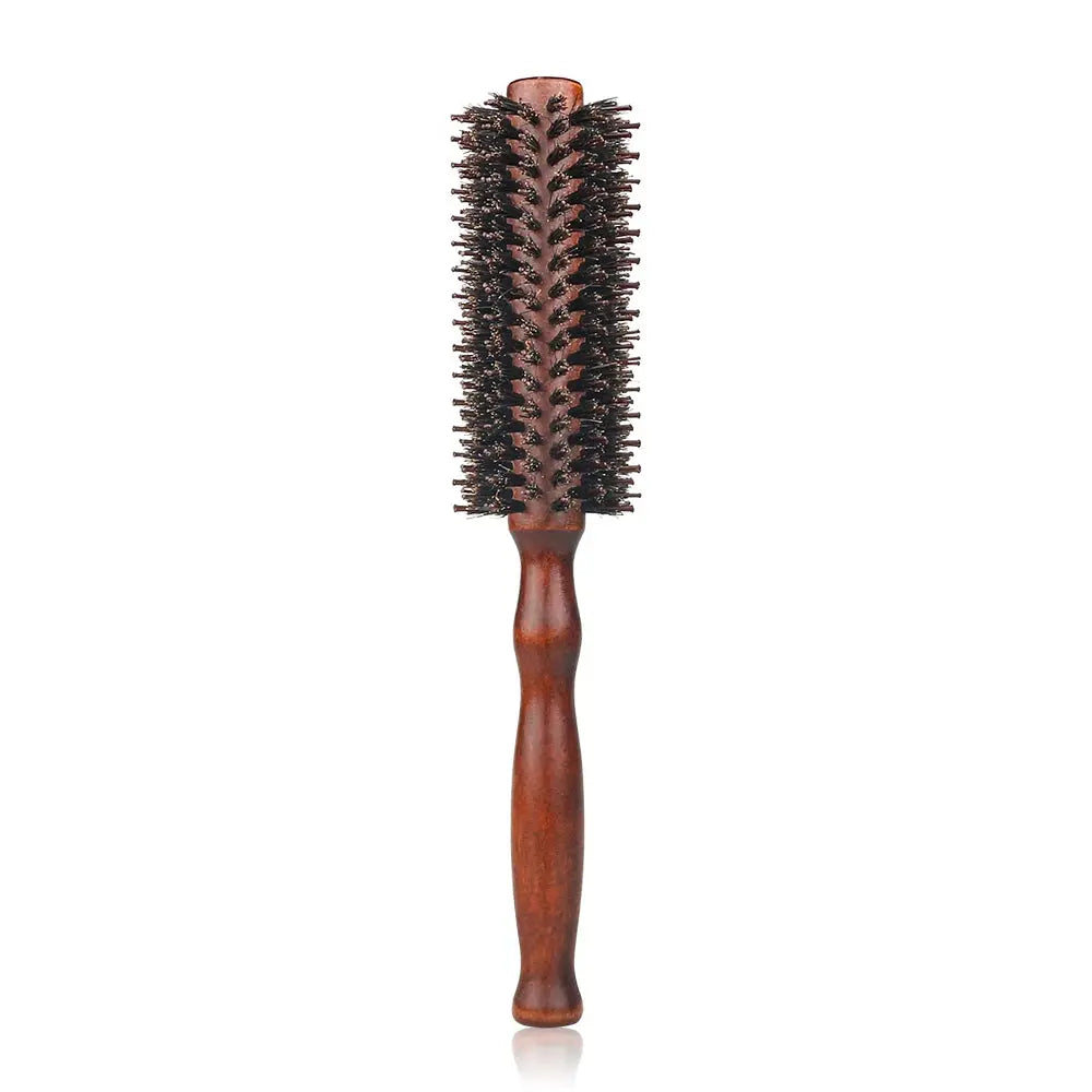 Brown wooden-handle round barrel hair brush with boar bristles for curling, Simples Market