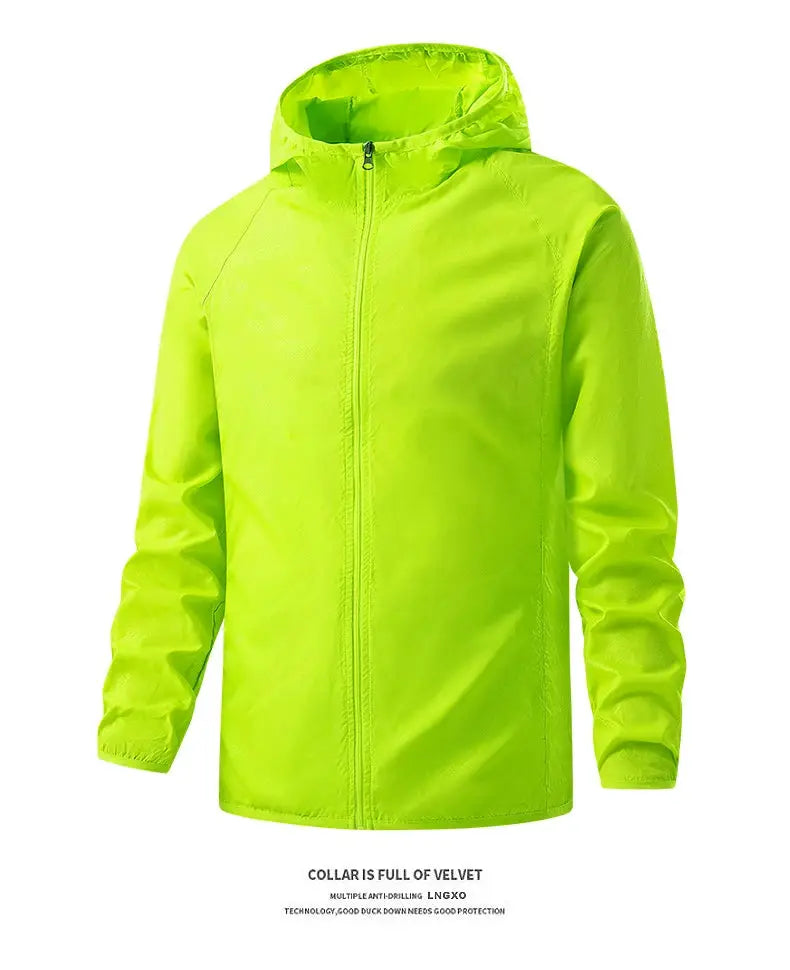 LNGXO waterproof hiking jacket in neon yellow with hood, unisex windbreaker for outdoor rain
