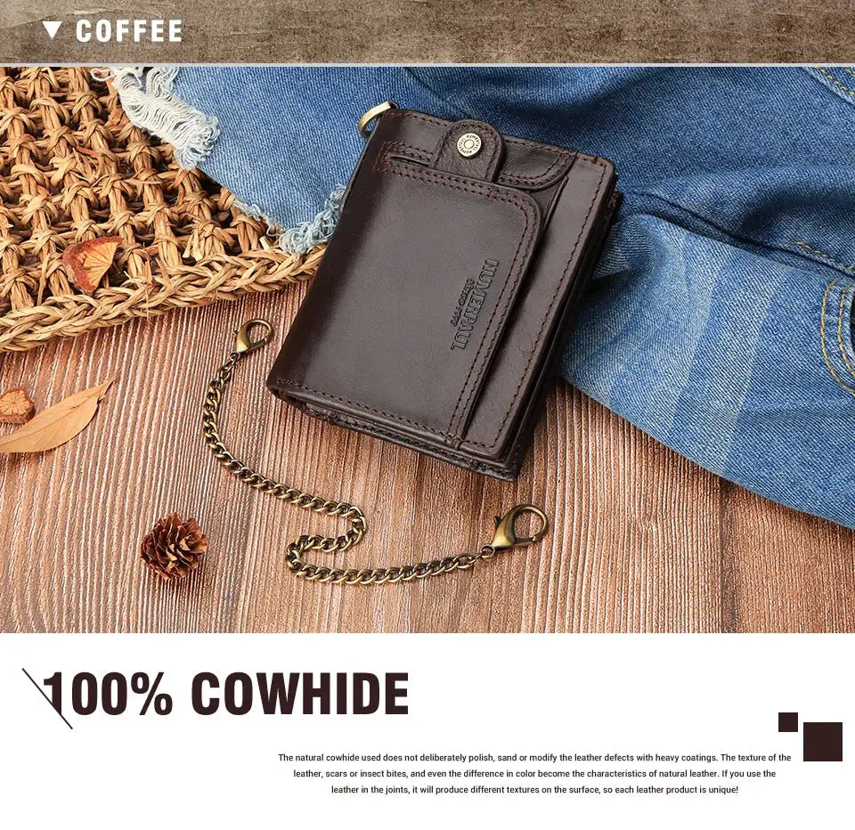 Real leather brown wallet for men by Simples Market, RFID-blocking bifold with coin pocket and anti-theft chain