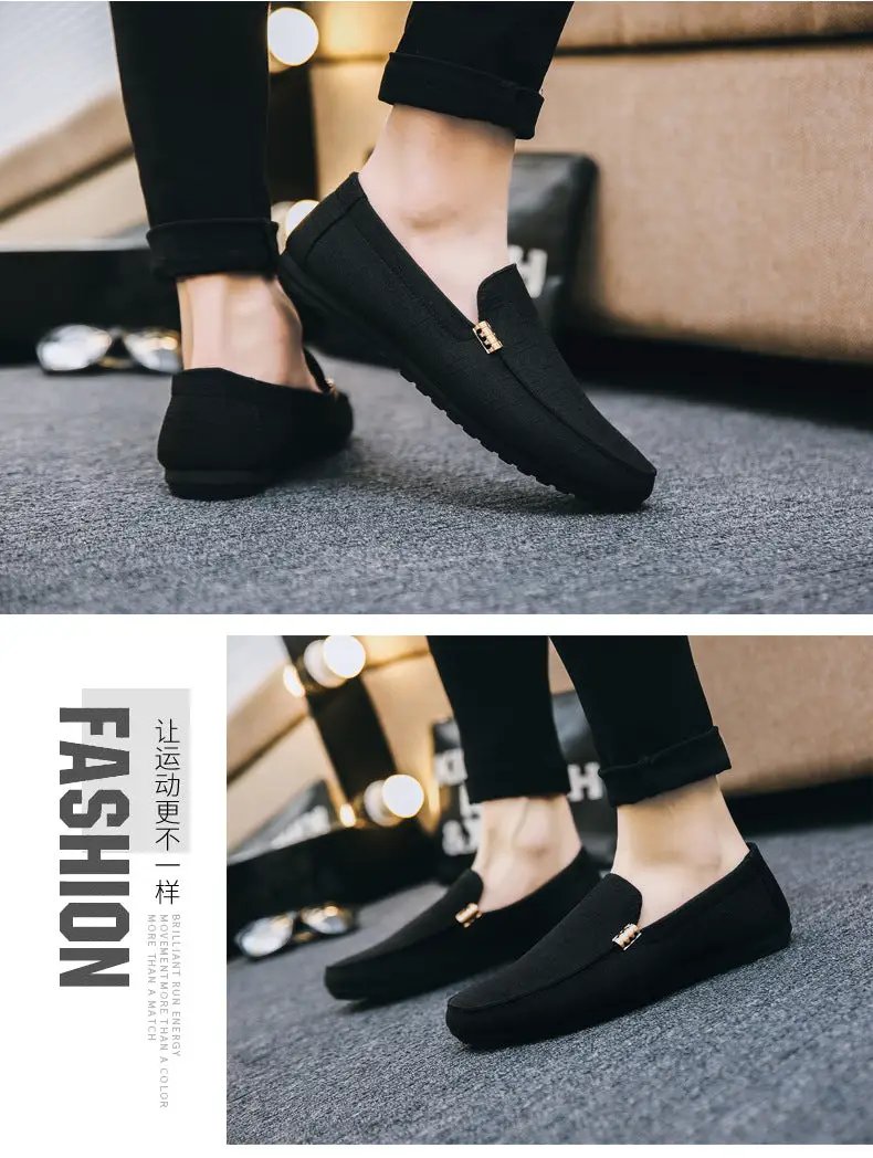 Men's black canvas slip-on loafers with gold-tone bit detail by Simples Market