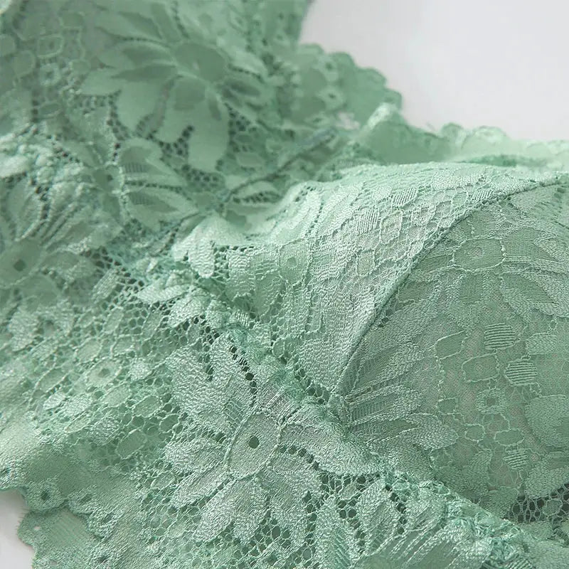 Mint green lace fabric for bralette with floral pattern; close-up detail