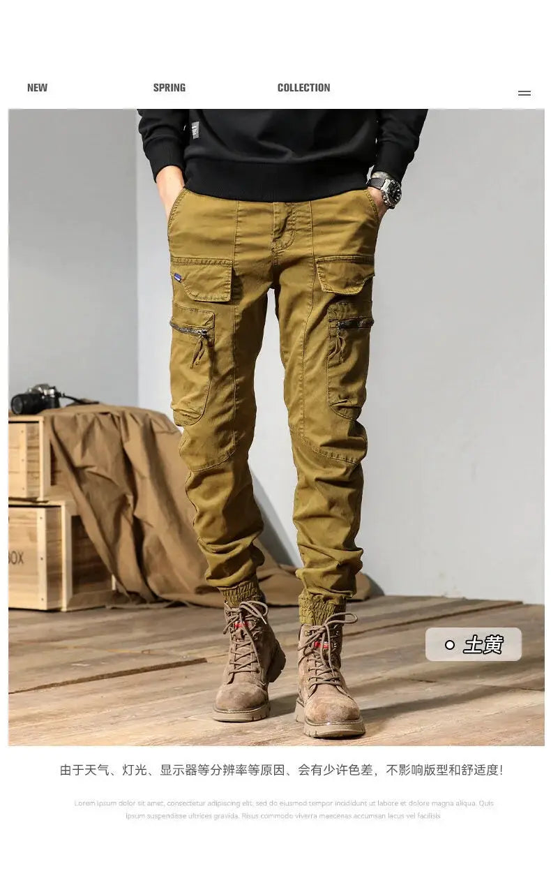 CAAYU cargo joggers for men by Simples Market, tan multi-pocket cargo pants with zipper pockets