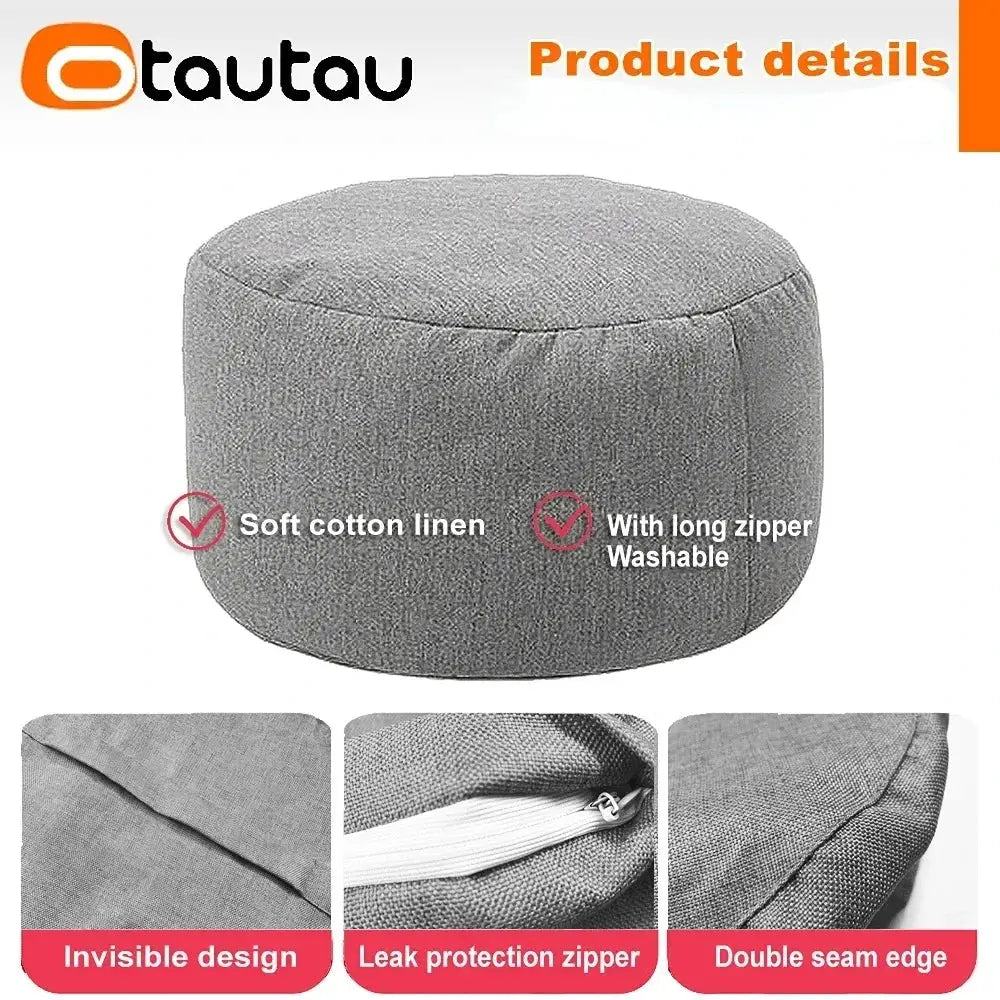 OTAUTAU linen bean bag chair pouf in round grey fabric with hidden zipper and washable cover