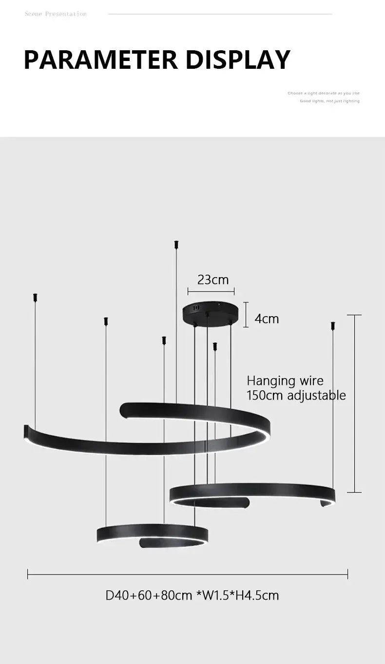 Simples Market multi-tier black LED ring chandelier pendant lamp with adjustable hanging wires