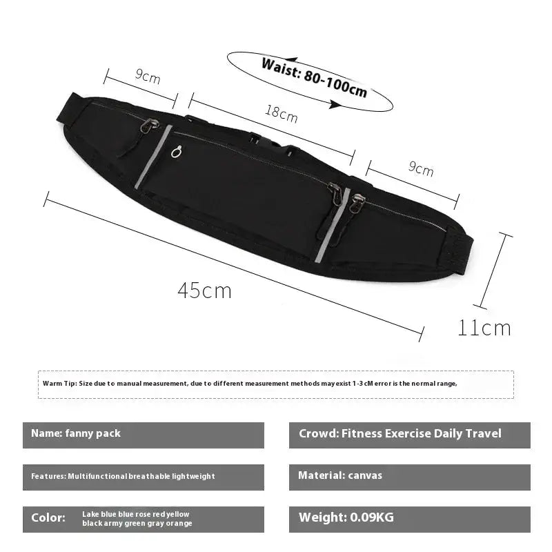 Simples Market waist pack, black waterproof canvas sport bag with multiple zip pockets and adjustable waist strap