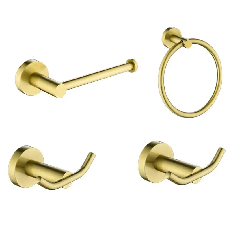 Brushed gold 4-piece bathroom hardware set with towel ring, two robe hooks, and toilet paper holder.
