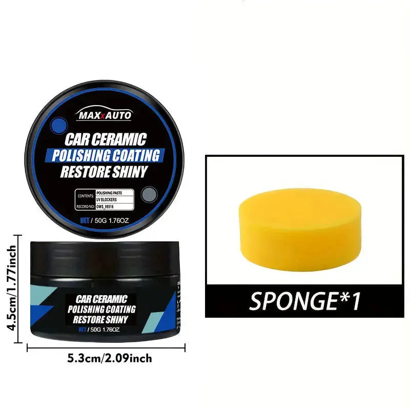 MAXAUTO car ceramic polishing coating set with yellow sponge; two jars and one sponge visible