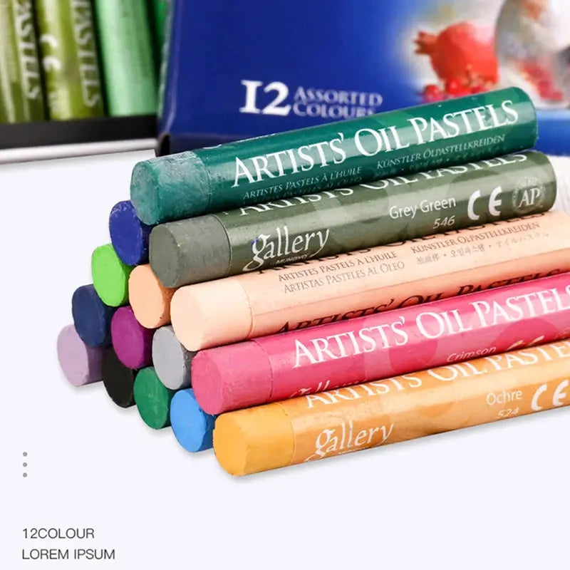 Artist oil pastel set, 12-color Gallery-branded soft pastels in a stacked rainbow of hues