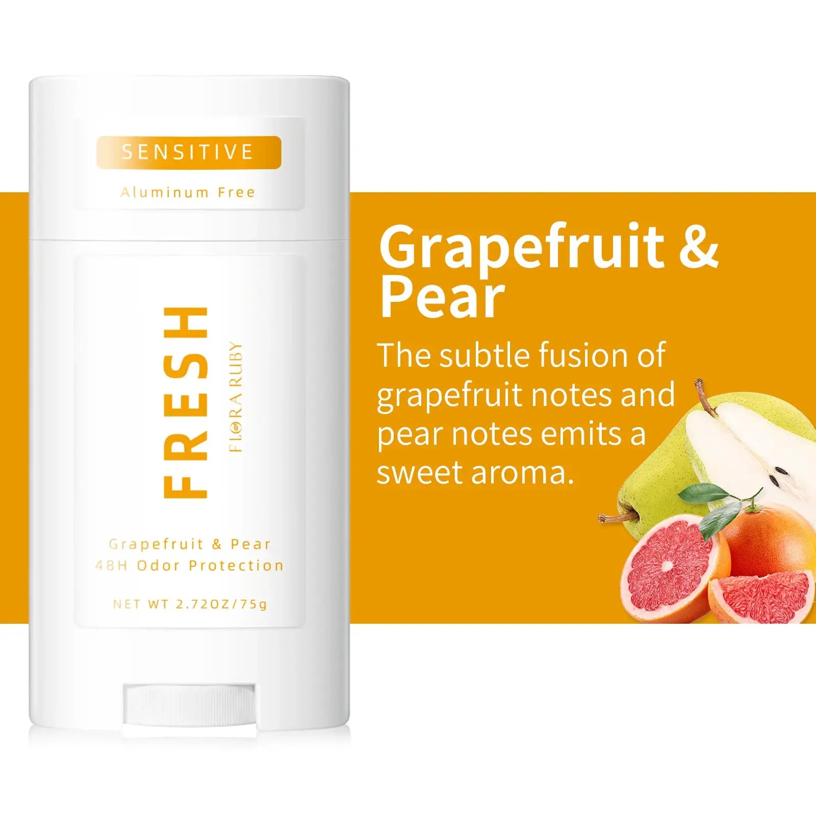 Simples Market deodorant bottle, white aluminum-free container with orange label, Grapefruit & Pear scent