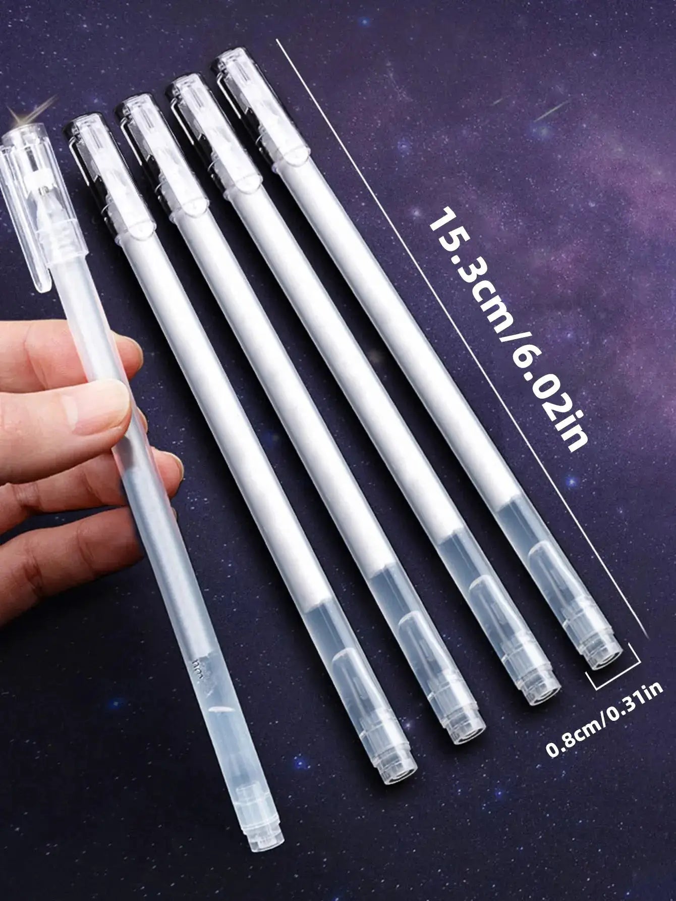 Six clear-bodied gel pens with white caps and 0.5mm fine tips for drawing and journaling