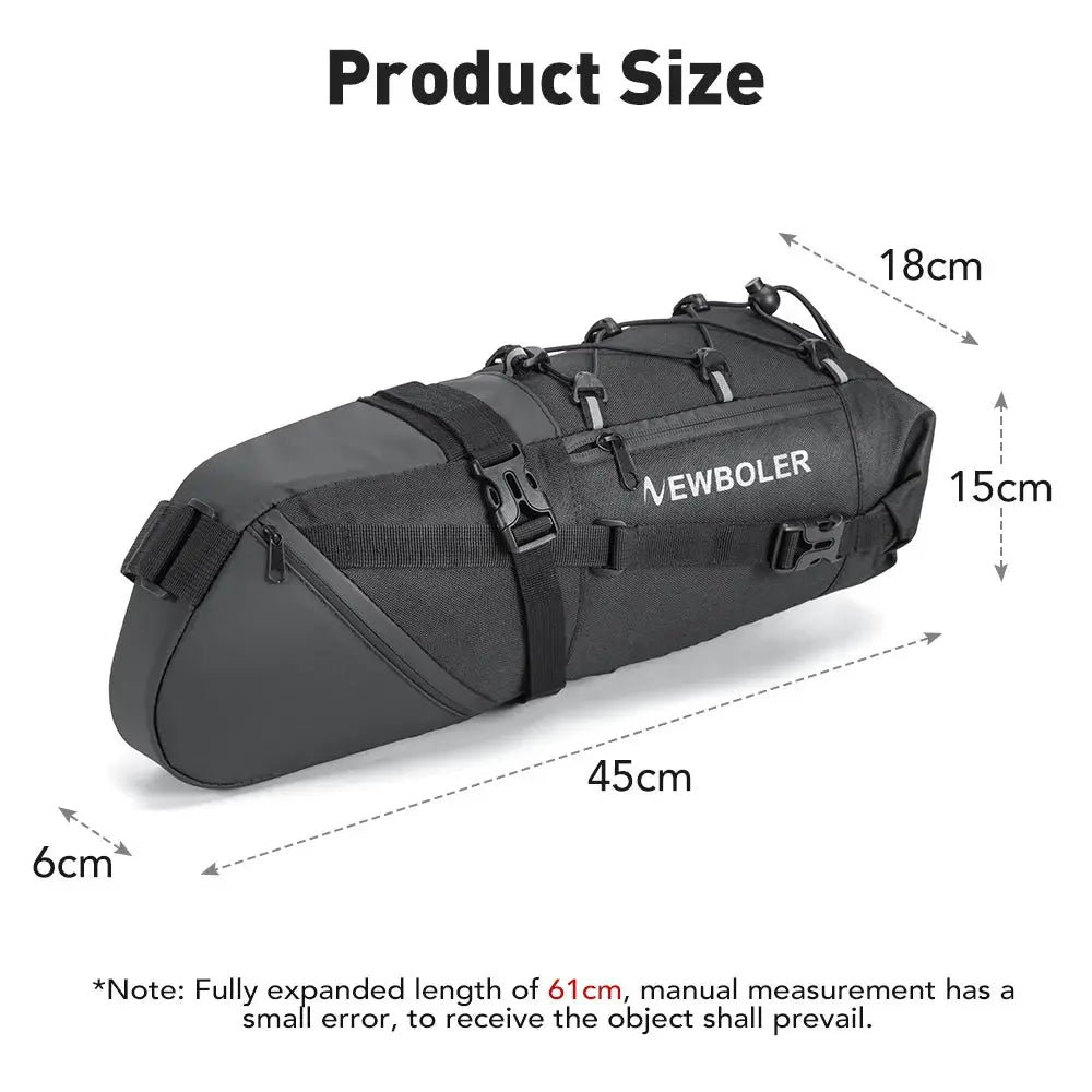 NEWBOLER 10L waterproof bike saddle bag dimensions showing 45cm length, 18cm height, and 6cm width.